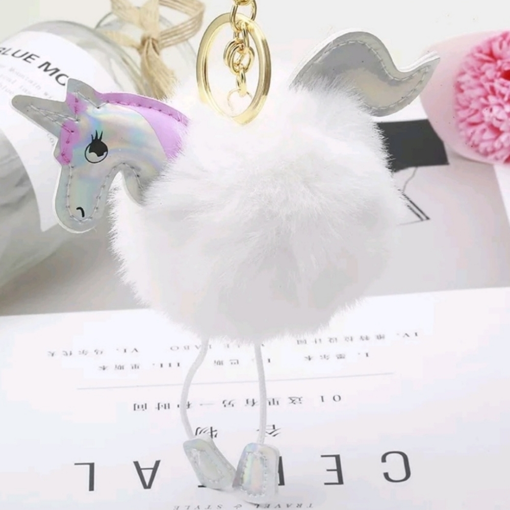 Trendy Glitter Unicorn Pom Pom Key Ring Keychain